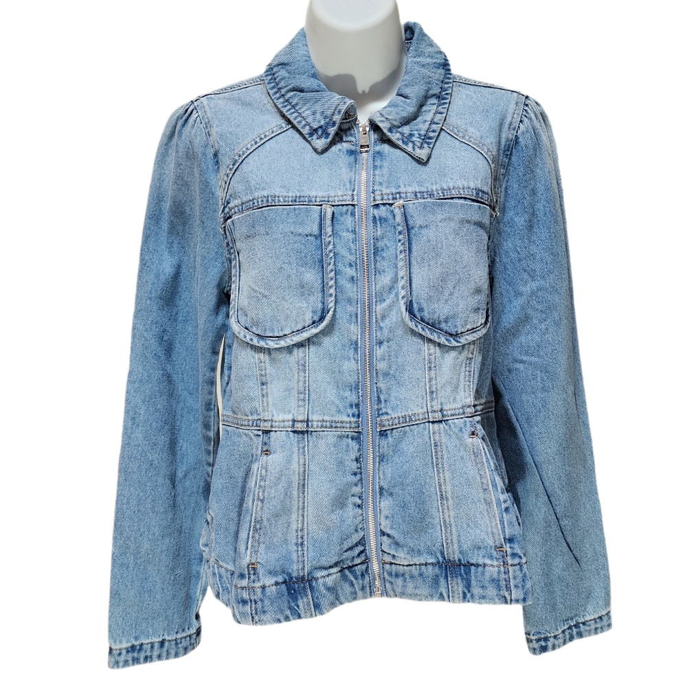 Democracy Cotton Denim Peplum Jacket Puff Sleeve Zip Front Light Blue Wash S